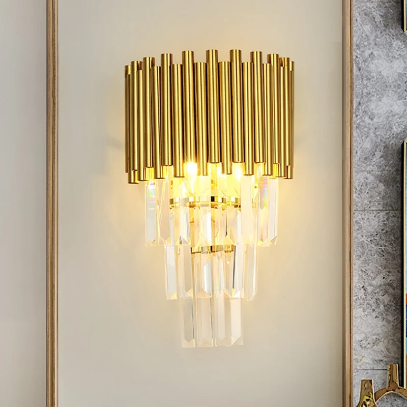 Applique murale conique moderne à 2 lumières, prisme triangulaire en cristal doré, pour salon Clearhalo