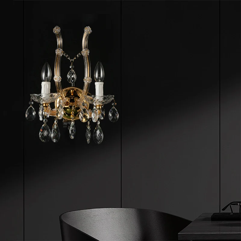 Applique murale contemporaine en verre ambré, 2 lumières, finition dorée, décoration en cristal transparent Clearhalo
