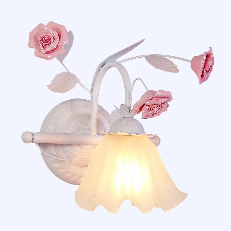 Applique murale coréenne à volants en forme de fleur, 1 ampoule en verre blanc givré, rose Clearhalo