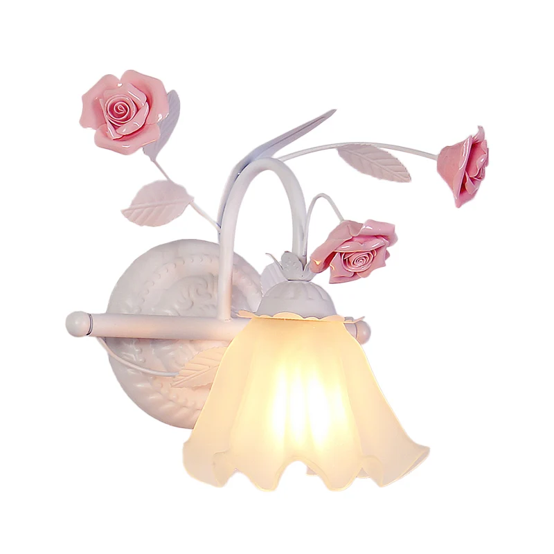 Applique murale coréenne à volants en forme de fleur, 1 ampoule en verre blanc givré, rose Clearhalo