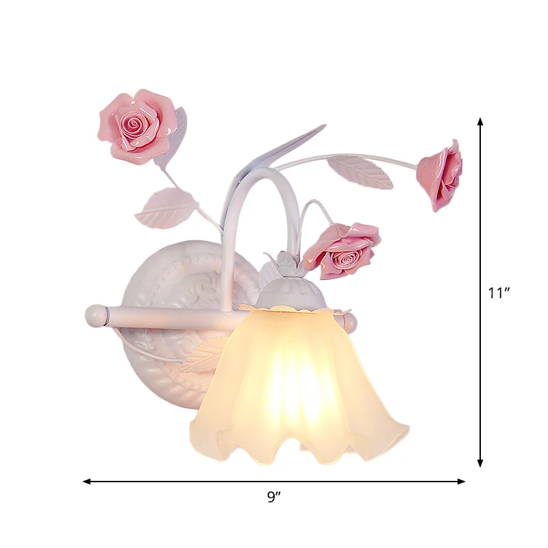 Applique murale coréenne à volants en forme de fleur, 1 ampoule en verre blanc givré, rose Clearhalo