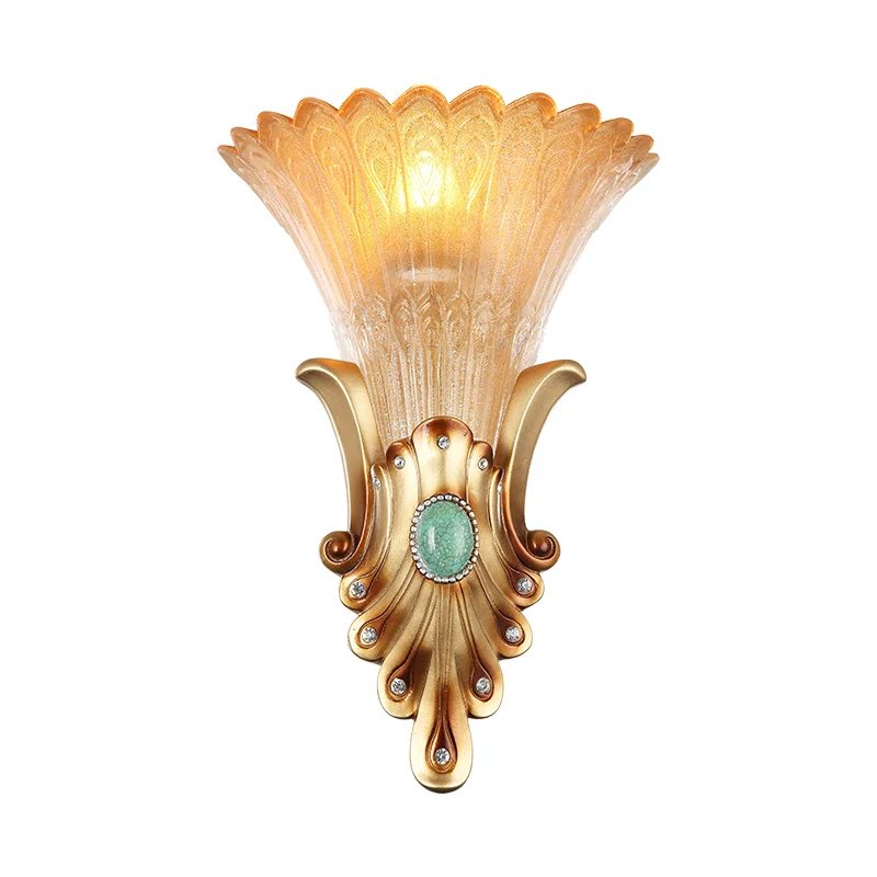 Applique murale de couloir festonné, style loft, verre strié ambré, éclairage mural doré à 1 ampoule avec motif plume de p...