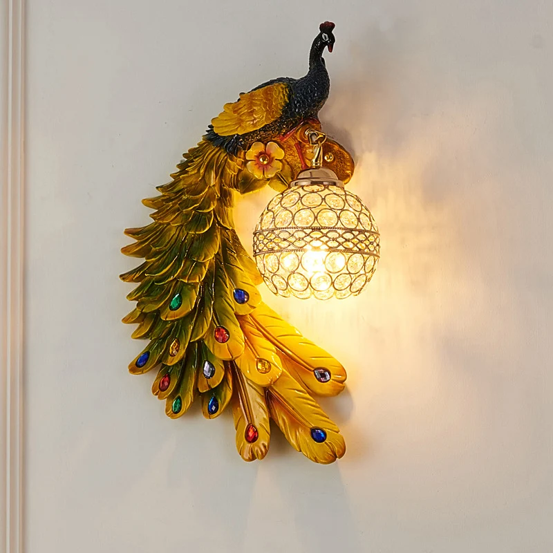Applique murale de couloir en forme de paon, en résine de ferme, 1 ampoule, avec abat-jour en cristal hémisphère Clearhalo
