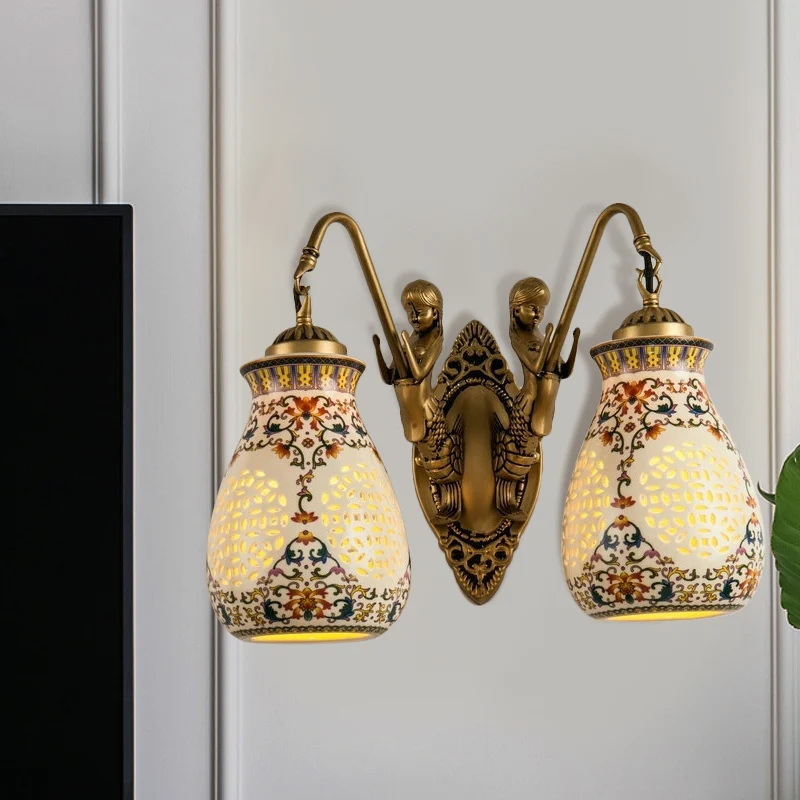 Applique murale en céramique et laiton antique, pot percé, 1/2 tête, luminaire traditionnel à motifs avec petite sirène Cl...