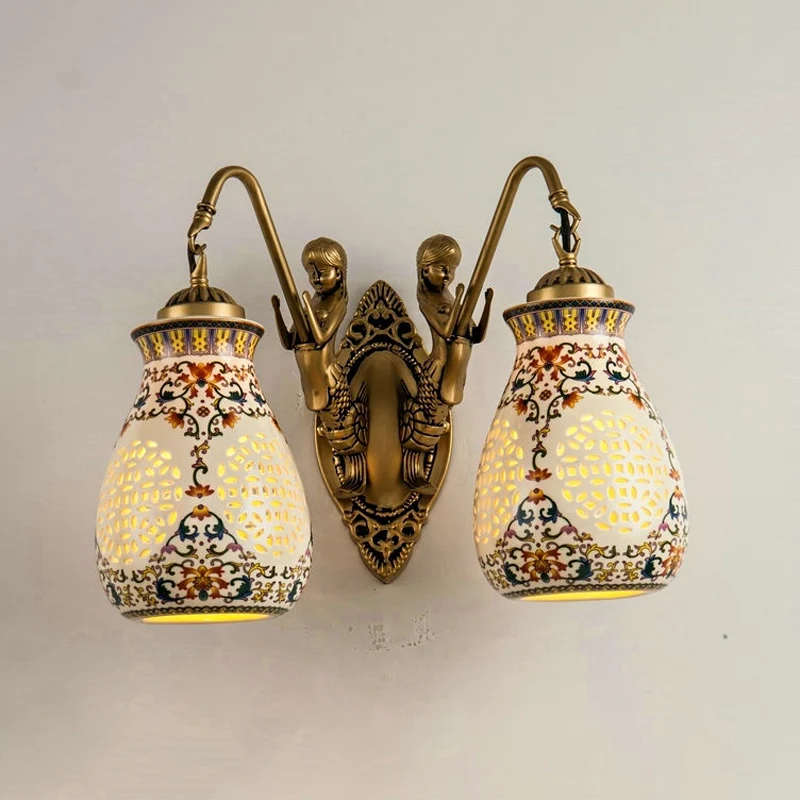 Applique murale en céramique et laiton antique, pot percé, 1/2 tête, luminaire traditionnel à motifs avec petite sirène Cl...