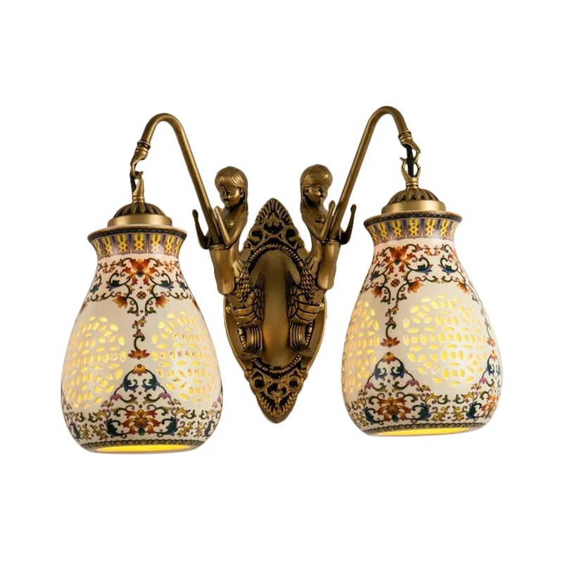 Applique murale en céramique et laiton antique, pot percé, 1/2 tête, luminaire traditionnel à motifs avec petite sirène Cl...