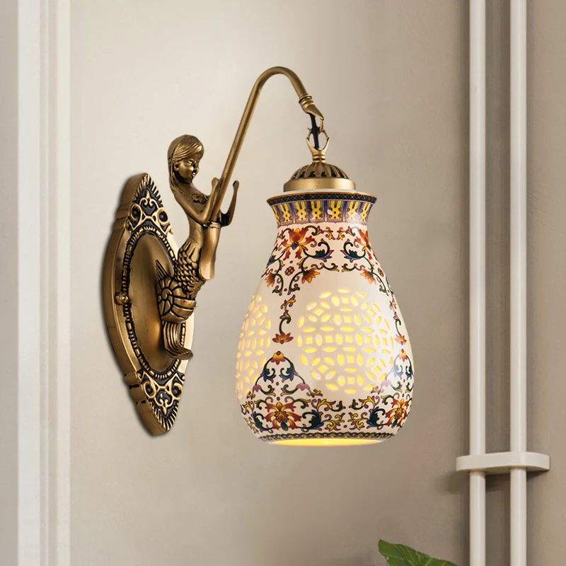 Applique murale en céramique et laiton antique, pot percé, 1/2 tête, luminaire traditionnel à motifs avec petite sirène Cl...