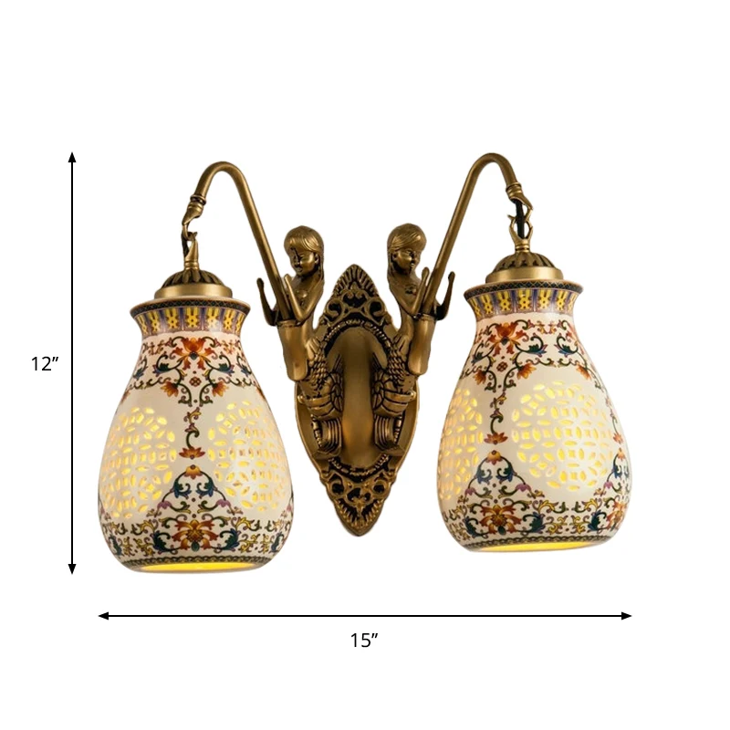 Applique murale en céramique et laiton antique, pot percé, 1/2 tête, luminaire traditionnel à motifs avec petite sirène Cl...