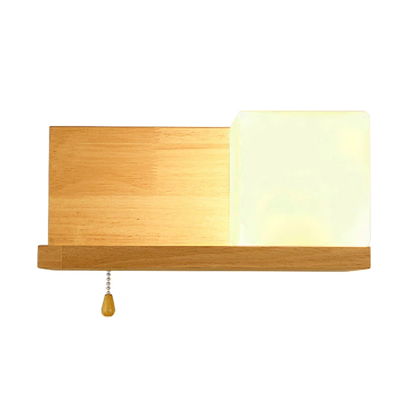 Applique murale cubique simple en verre opaque, 1 ampoule, applique murale de salon avec plaque arrière en bois oblongue e...