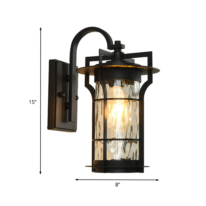 Applique murale cylindrique Country, 1 ampoule, verre d'eau transparent, luminaire mural en noir pour coin Clearhalo