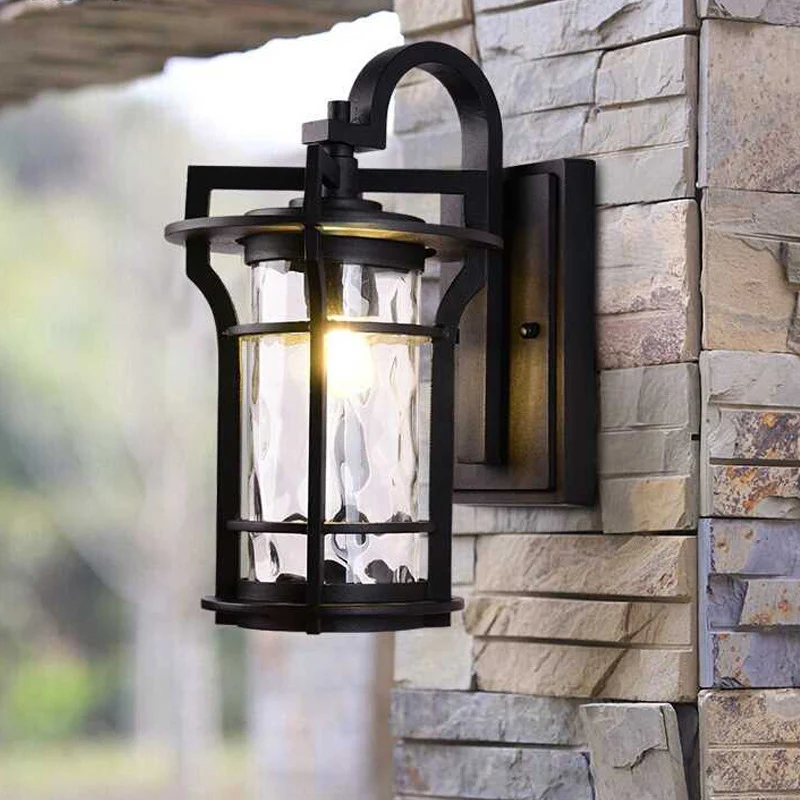 Applique murale cylindrique Country, 1 ampoule, verre d'eau transparent, luminaire mural en noir pour coin Clearhalo