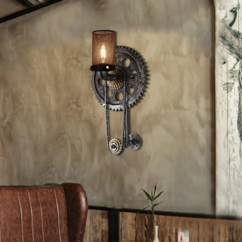 Applique murale cylindrique en métal industriel, 1 lumière, argentée Antique, avec engrenage, pour salle à manger Clearhalo
