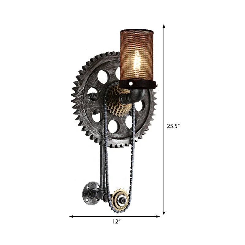Applique murale cylindrique en métal industriel, 1 lumière, argentée Antique, avec engrenage, pour salle à manger Clearhalo