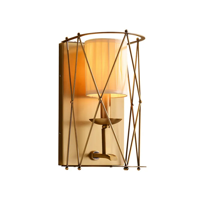 Applique murale cylindrique en tissu froncé simple avec filet en treillis doré Lodges Clearhalo