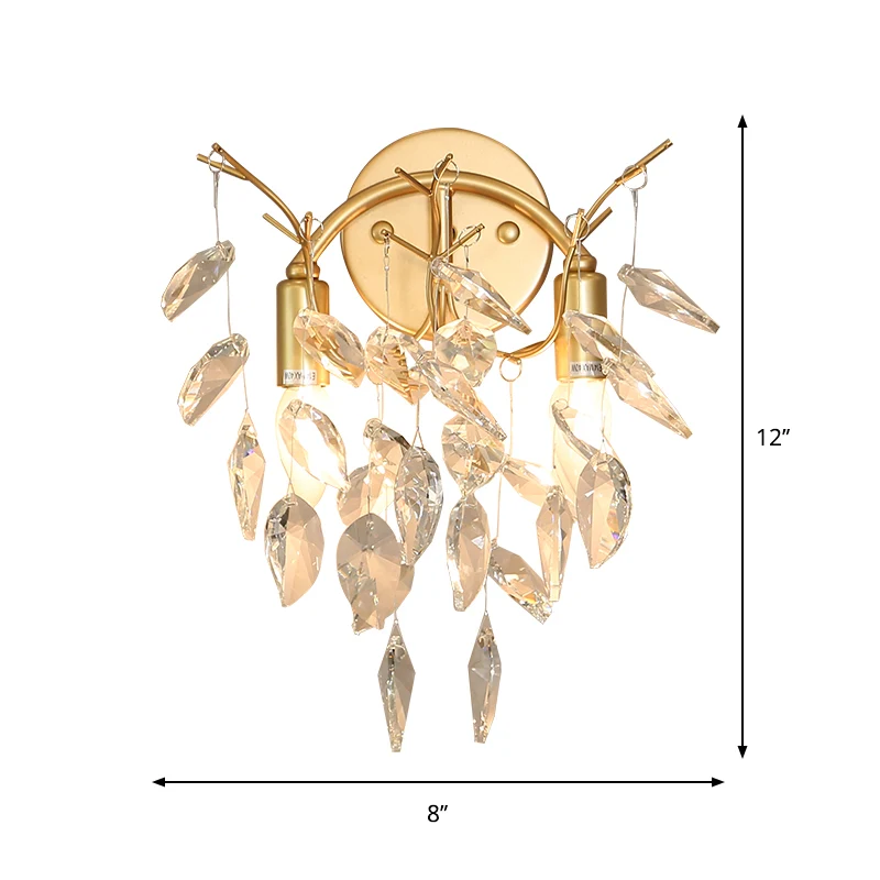 Applique murale dorée à 2 ampoules, luminaire moderne, Branches de feuilles de cristal, éclairage pour porche Clearhalo