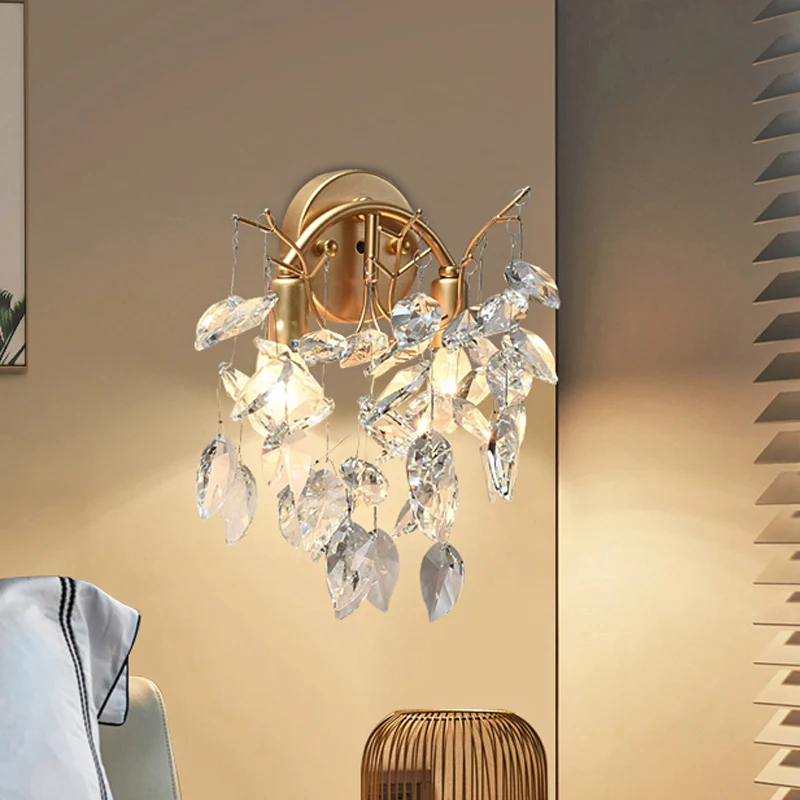 Applique murale dorée à 2 ampoules, luminaire moderne, Branches de feuilles de cristal, éclairage pour porche Clearhalo