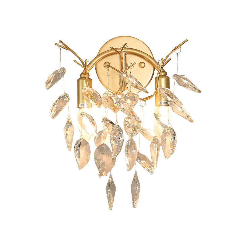 Applique murale dorée à 2 ampoules, luminaire moderne, Branches de feuilles de cristal, éclairage pour porche Clearhalo