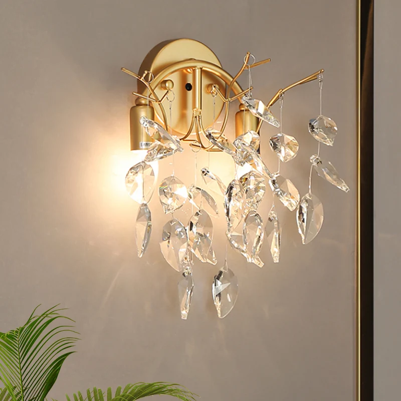 Applique murale dorée à 2 ampoules, luminaire moderne, Branches de feuilles de cristal, éclairage pour porche Clearhalo