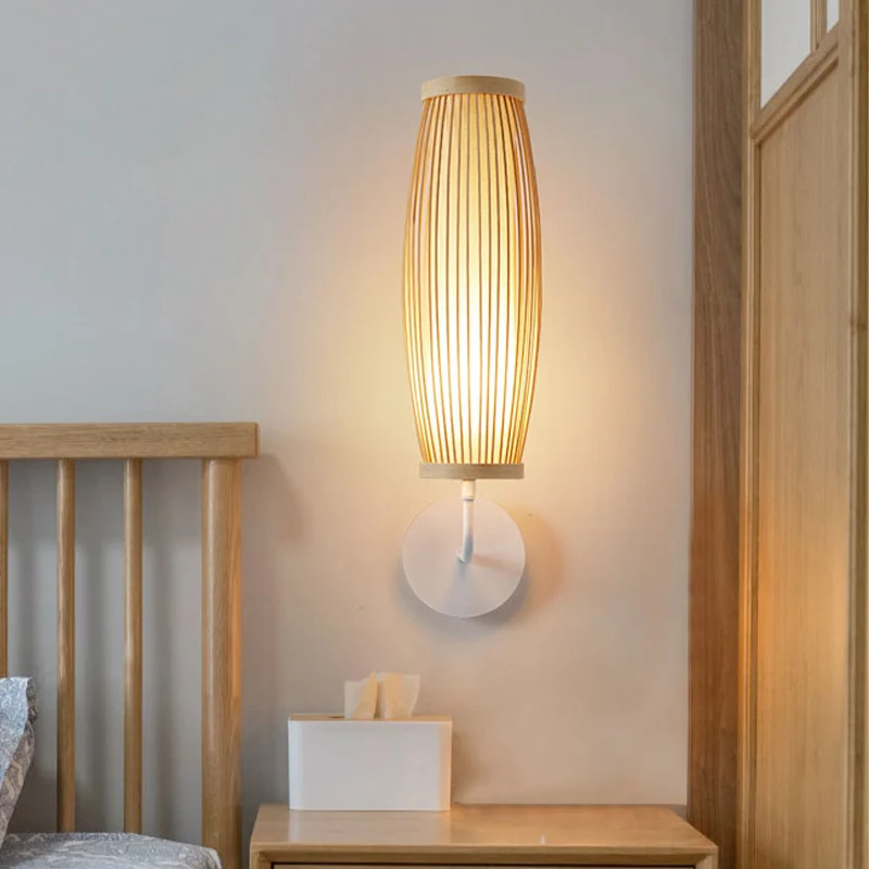 Applique murale ellipsoïde Beige, Style asiatique, ampoule unique, éclairage mural en bambou pour chambre à coucher Clearhalo