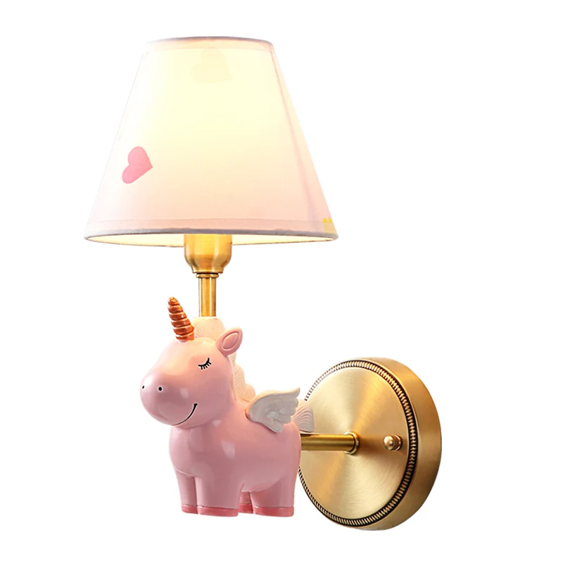 Applique murale Empire Shade pour chambre d'enfant, tissu rose, dessin animé, avec licorne en résine Clearhalo