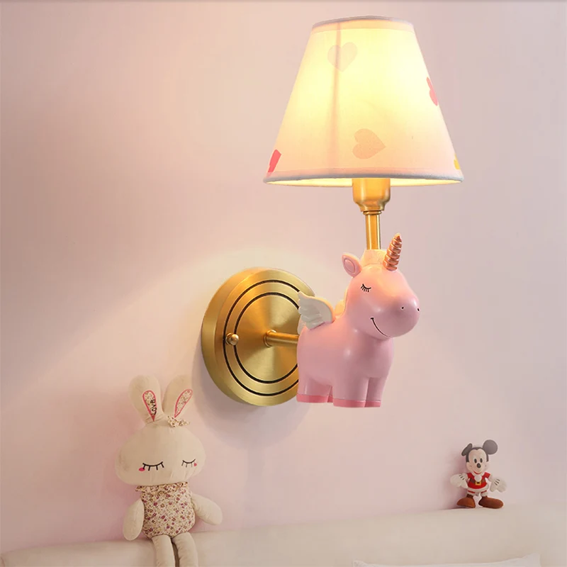 Applique murale Empire Shade pour chambre d'enfant, tissu rose, dessin animé, avec licorne en résine Clearhalo
