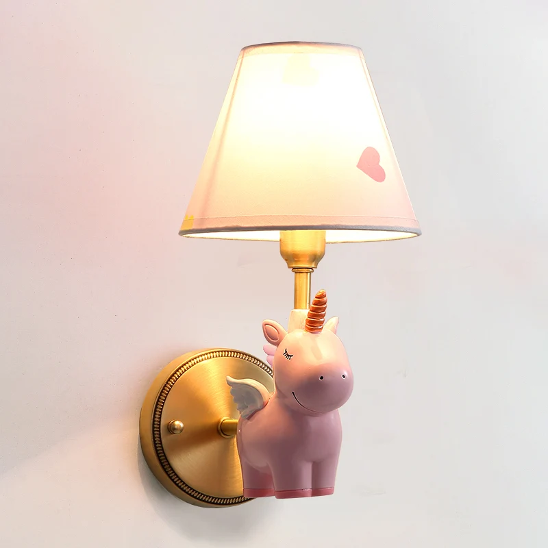Applique murale Empire Shade pour chambre d'enfant, tissu rose, dessin animé, avec licorne en résine Clearhalo