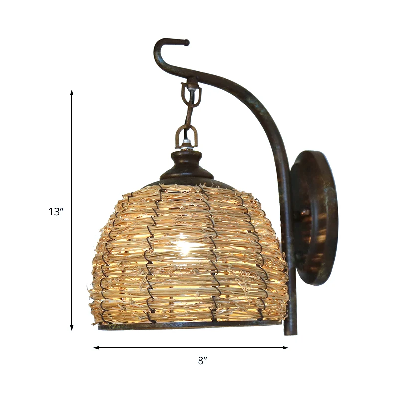 Applique murale faite à la main de style asiatique avec abat-jour en forme de dôme en rotin, lampe murale pour chambre à c...