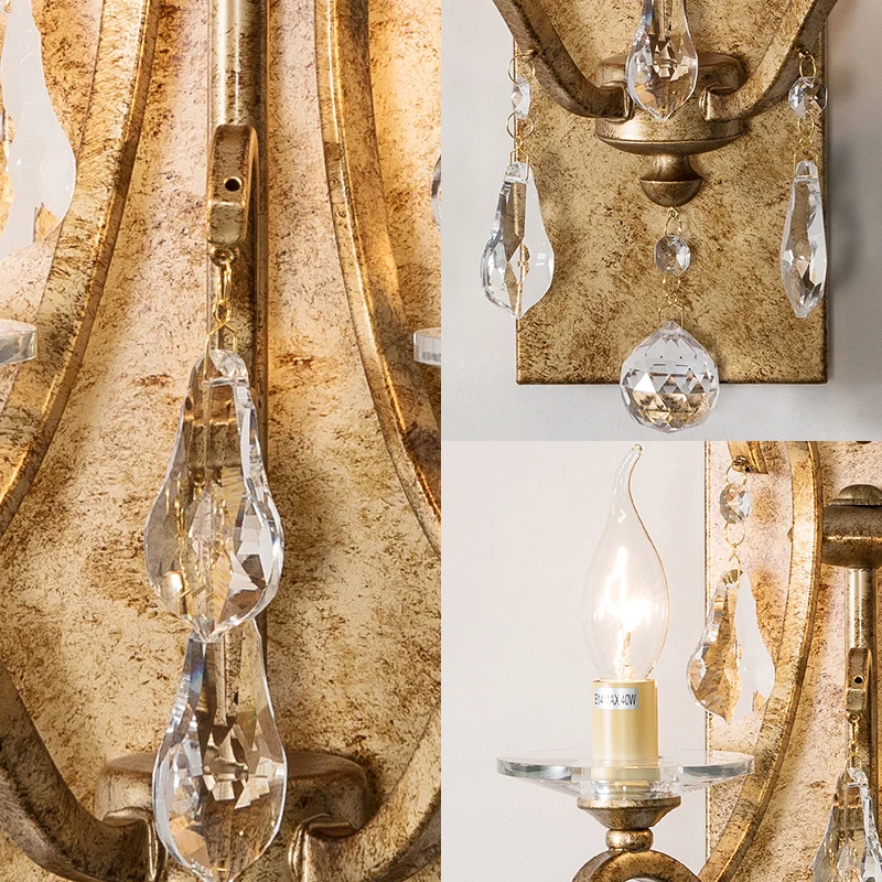 Applique murale en fer rouille, bougie de Style industriel, 2 ampoules, lumière murale avec cristal en forme de larme tran...