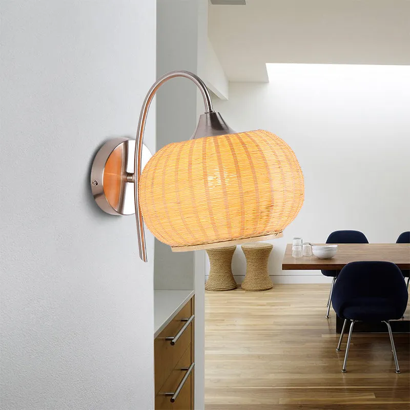 Applique murale en forme de citrouille beige, luminaire asiatique à 1 tête en bambou avec bras courbé en métal Clearhalo