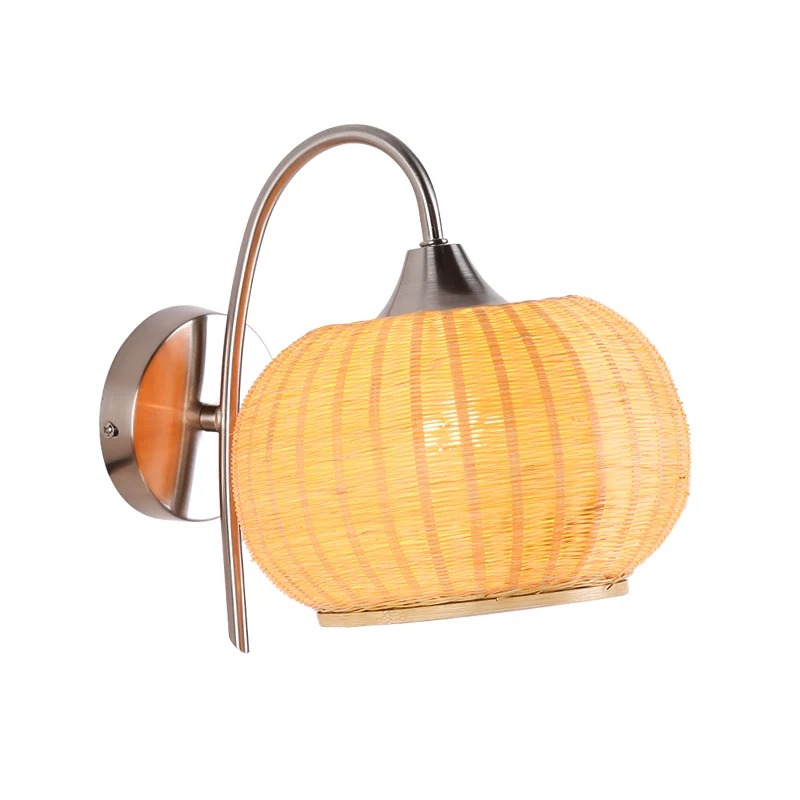 Applique murale en forme de citrouille beige, luminaire asiatique à 1 tête en bambou avec bras courbé en métal Clearhalo