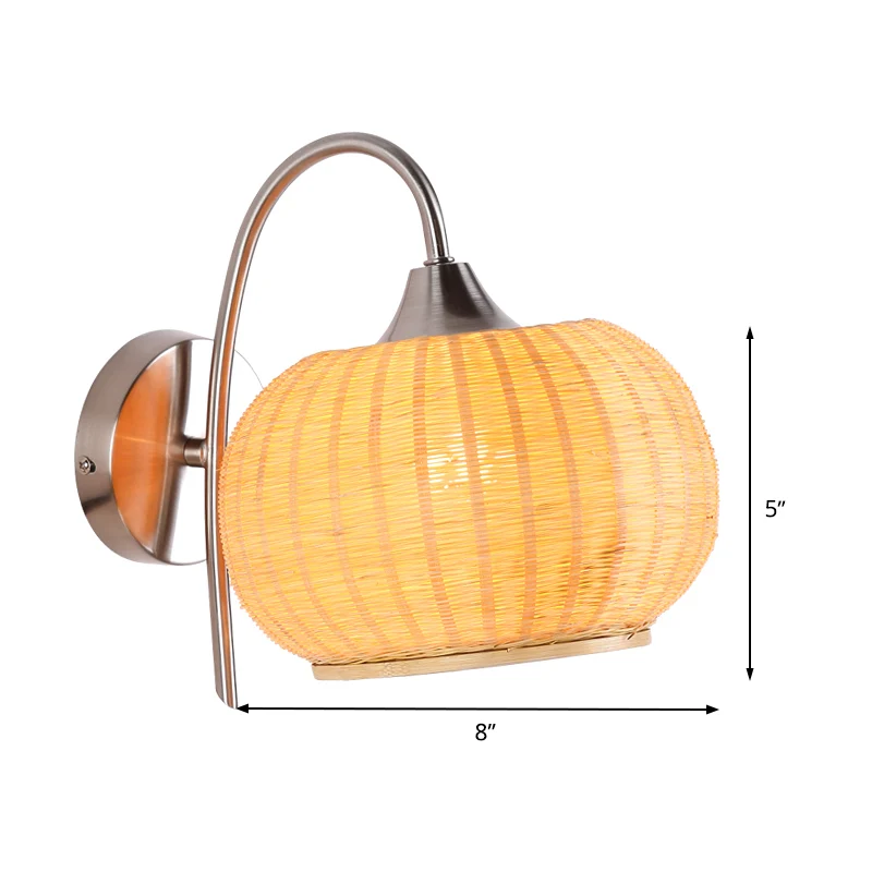 Applique murale en forme de citrouille beige, luminaire asiatique à 1 tête en bambou avec bras courbé en métal Clearhalo
