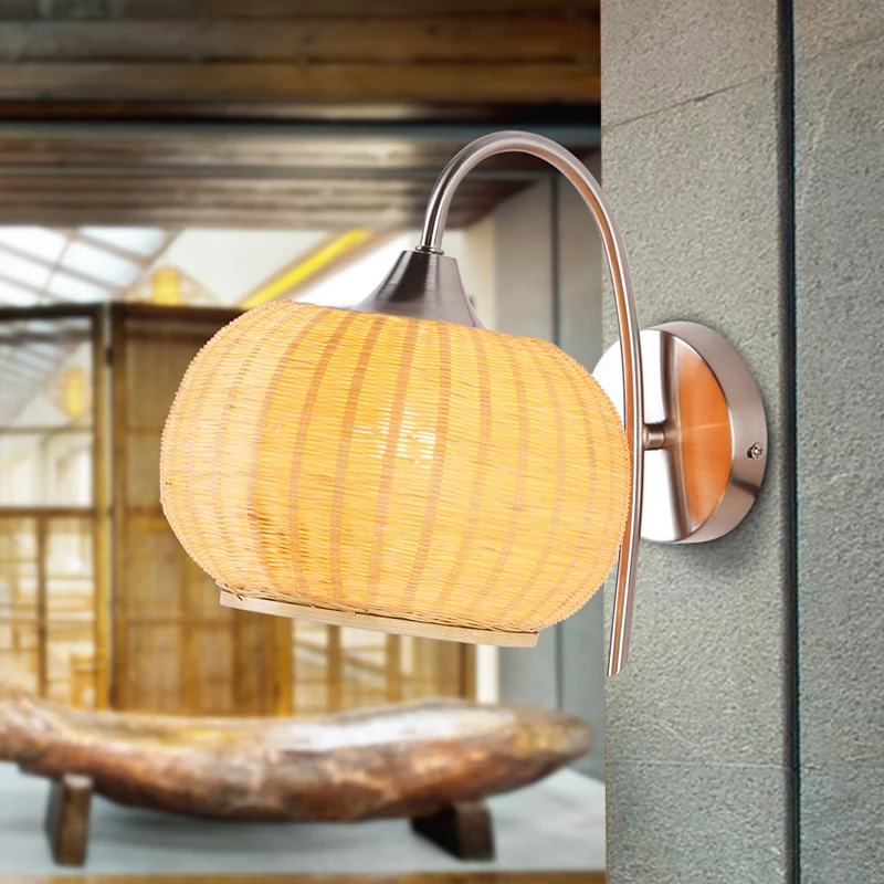 Applique murale en forme de citrouille beige, luminaire asiatique à 1 tête en bambou avec bras courbé en métal Clearhalo