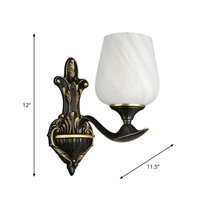Applique murale en forme de coupe en verre laiteux, luminaire mural de chevet traditionnel à 1/2 lumières en noir et or Cl...