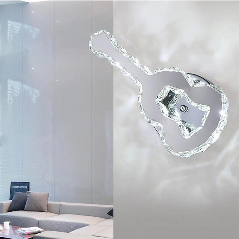 Applique murale en forme de guitare avec cristal, applique moderne en acier inoxydable chromé pour café Clearhalo