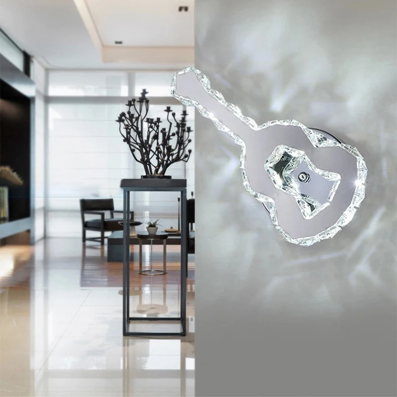 Applique murale en forme de guitare avec cristal, applique moderne en acier inoxydable chromé pour café Clearhalo