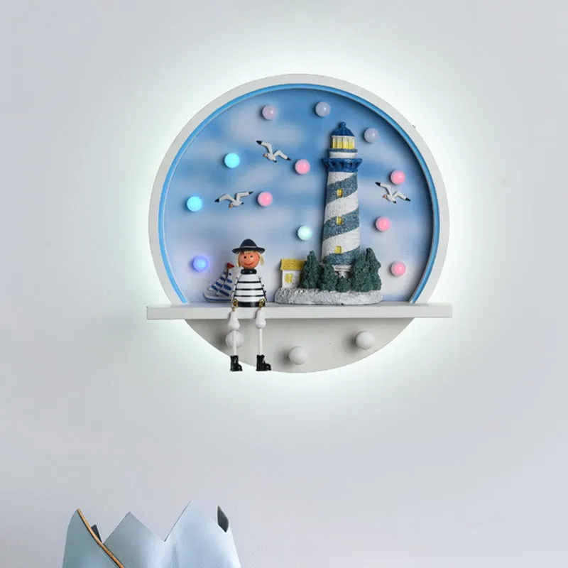 Applique murale en forme de phare en bois pour enfants, éclairage mural rond à LED en blanc et bleu, lumière blanche/3 cou...