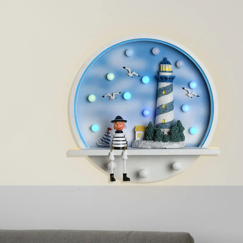 Applique murale en forme de phare en bois pour enfants, éclairage mural rond à LED en blanc et bleu, lumière blanche/3 cou...