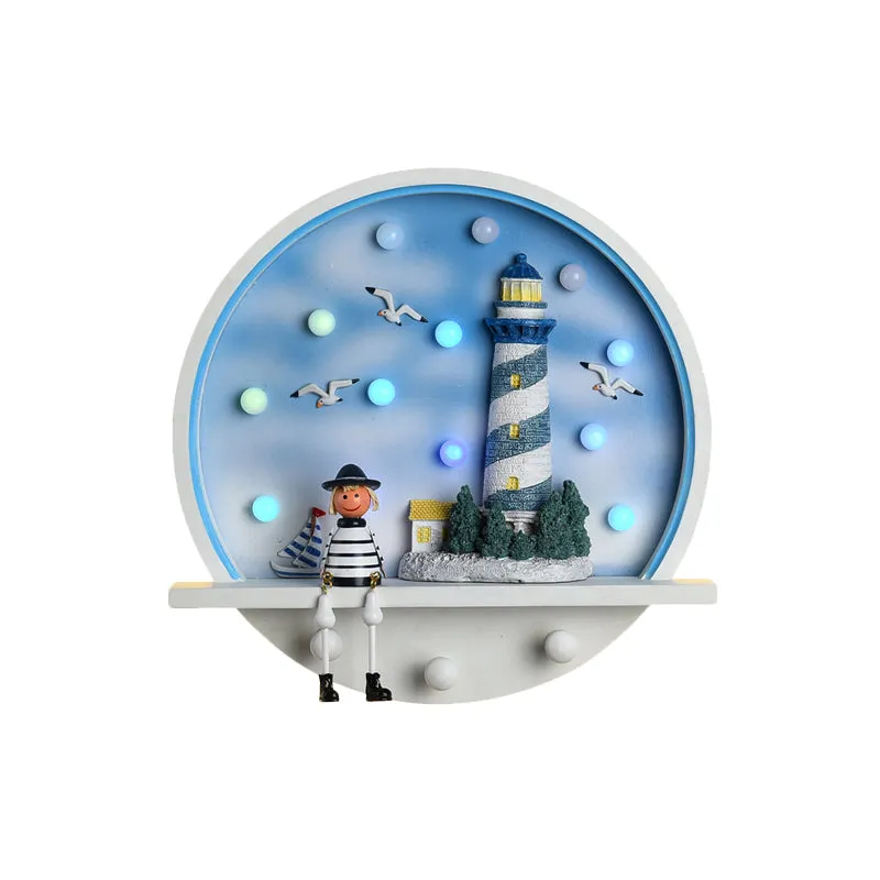 Applique murale en forme de phare en bois pour enfants, éclairage mural rond à LED en blanc et bleu, lumière blanche/3 cou...