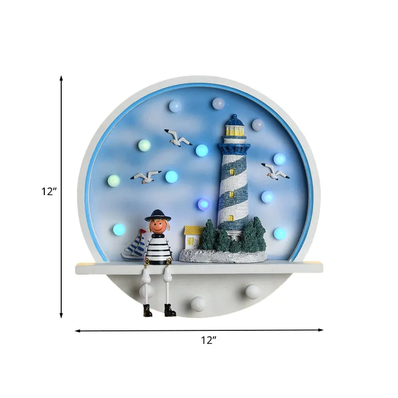 Applique murale en forme de phare en bois pour enfants, éclairage mural rond à LED en blanc et bleu, lumière blanche/3 cou...