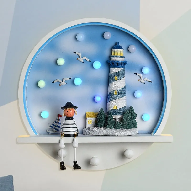 Applique murale en forme de phare en bois pour enfants, éclairage mural rond à LED en blanc et bleu, lumière blanche/3 cou...