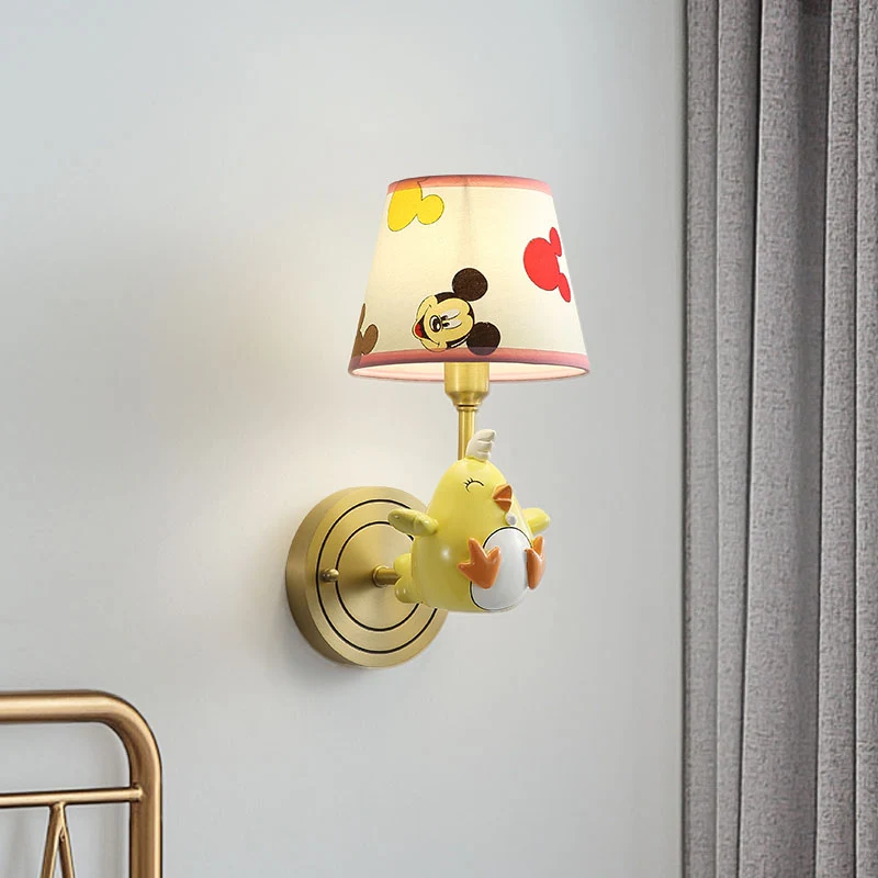 Applique murale en forme de poulet en métal, 1 lumière, dessin animé, avec abat-jour en tissu à motifs, pour chambre à cou...