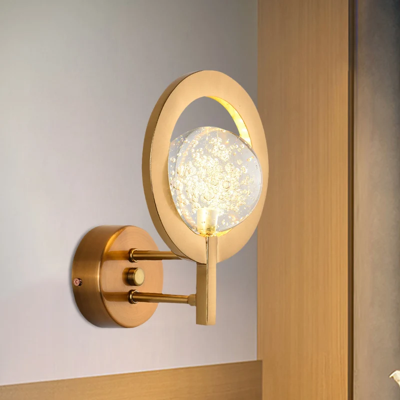 Applique murale Globe en cristal transparent, Style moderne, luminaire LED doré avec cadre en anneau Clearhalo