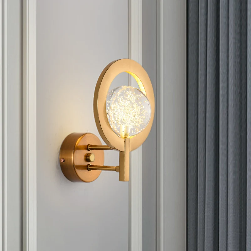 Applique murale Globe en cristal transparent, Style moderne, luminaire LED doré avec cadre en anneau Clearhalo
