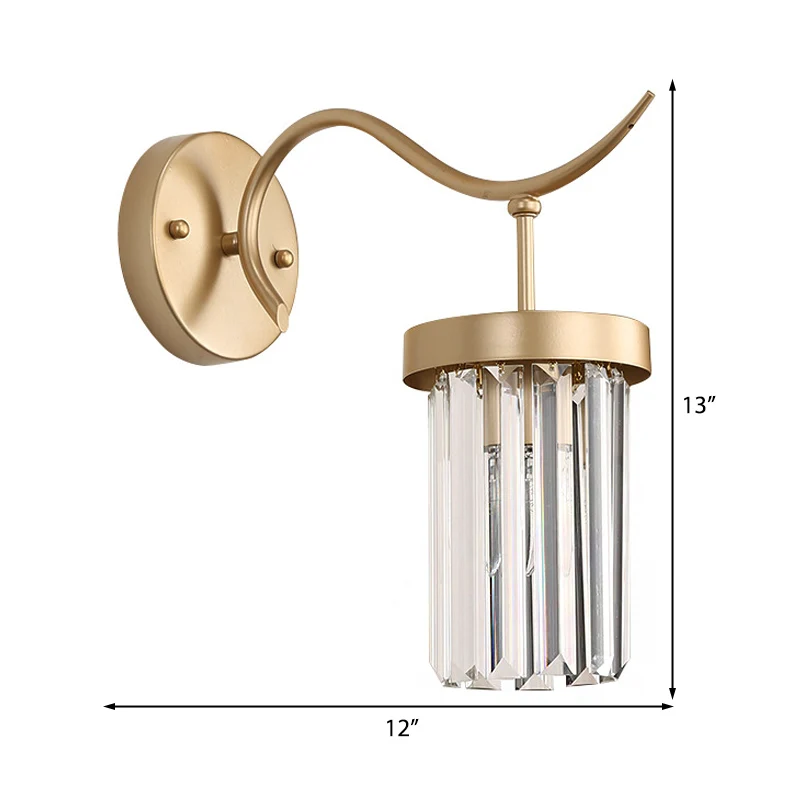 Applique murale incurvée en métal, lampe moderniste, 1 tête, finition en laiton, luminaire mural avec bloc de cristal tran...