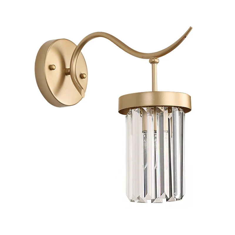 Applique murale incurvée en métal, lampe moderniste, 1 tête, finition en laiton, luminaire mural avec bloc de cristal tran...