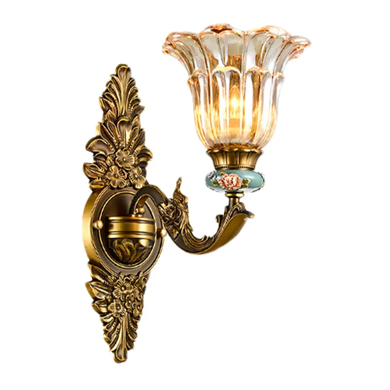 Applique murale en laiton à 1/2 têtes, Style rétro, verre nervuré, fleur, lampe murale avec bras pivotant Clearhalo