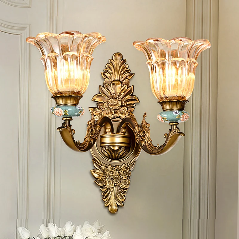 Applique murale en laiton à 1/2 têtes, Style rétro, verre nervuré, fleur, lampe murale avec bras pivotant Clearhalo
