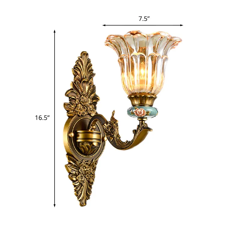 Applique murale en laiton à 1/2 têtes, Style rétro, verre nervuré, fleur, lampe murale avec bras pivotant Clearhalo