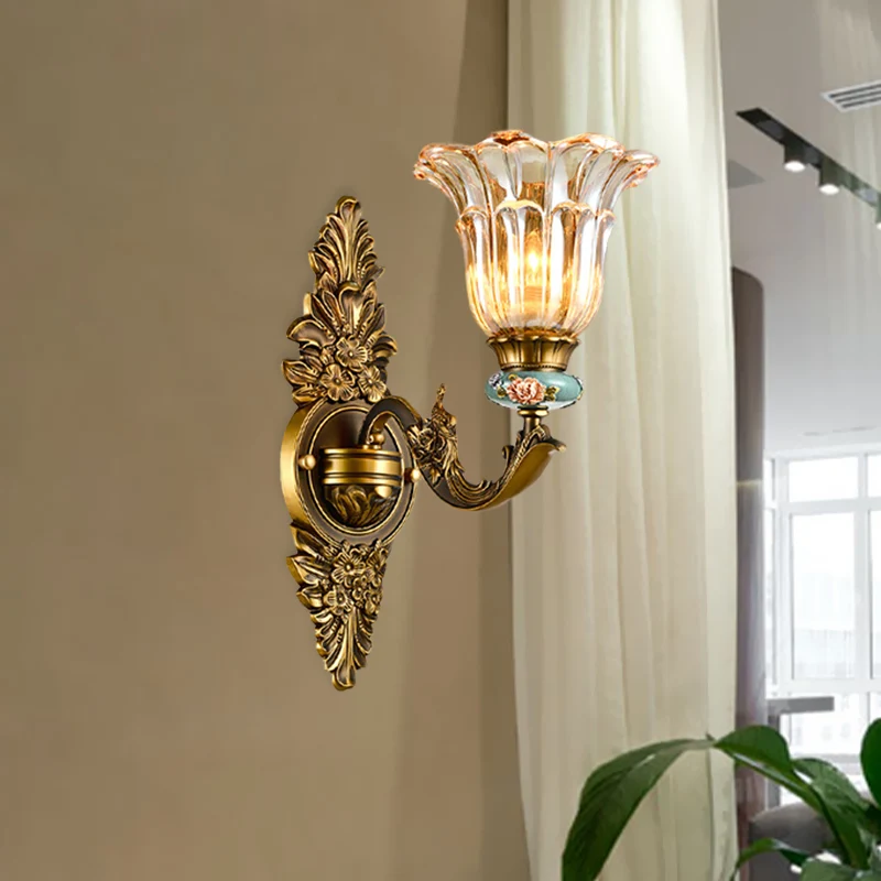 Applique murale en laiton à 1/2 têtes, Style rétro, verre nervuré, fleur, lampe murale avec bras pivotant Clearhalo