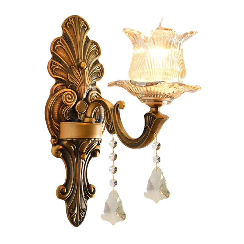 Applique murale en laiton à une ampoule, verre nervuré traditionnel, éclairage mural floral à 2 couches Clearhalo